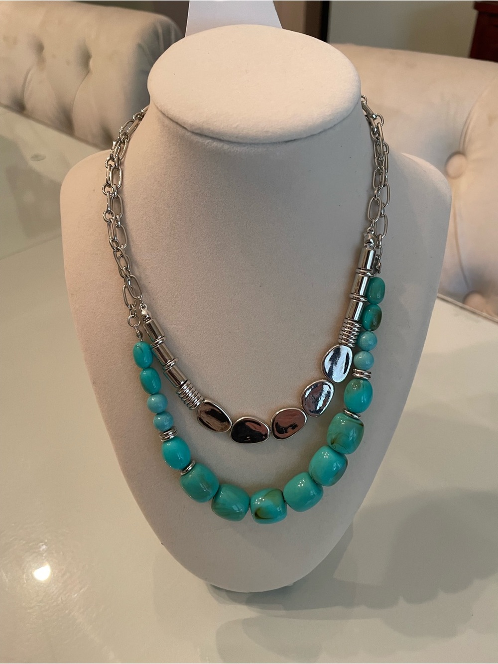 Turquoise Bead Double Strand Necklace with Silver Accents - Women Jewelry